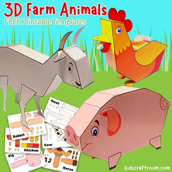 A close up of goat, chicken and pig 3D farm animal crafts.