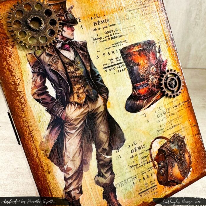 Steampunk style Mixed media Pen-stand ft transfer sheets & Liquid Acrylics