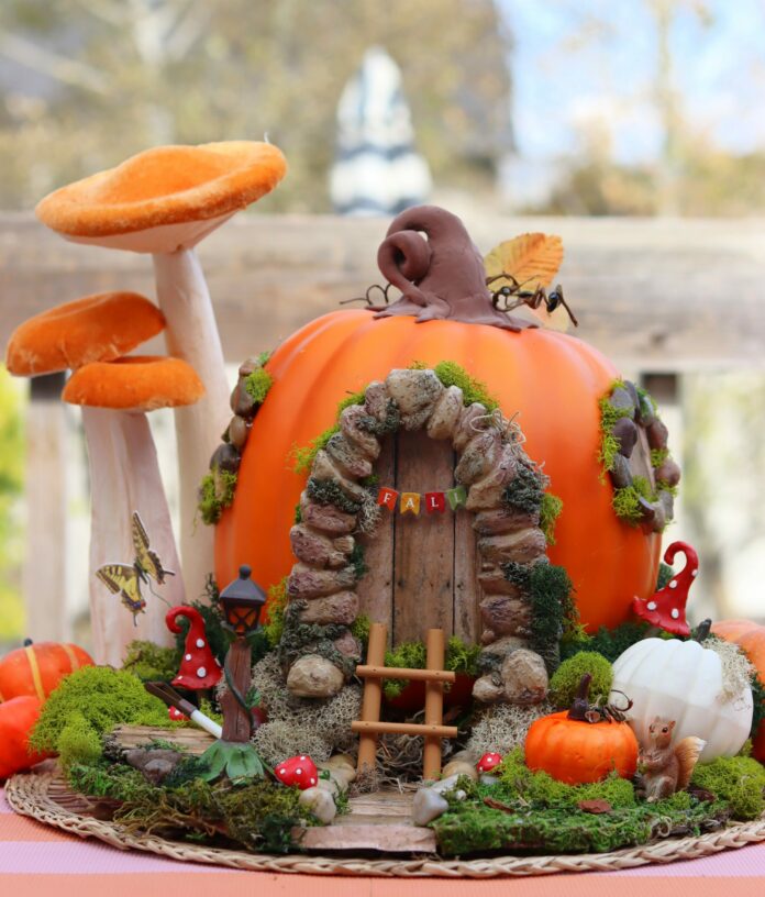 Pumpkin Fairy House - A girl and a glue gun