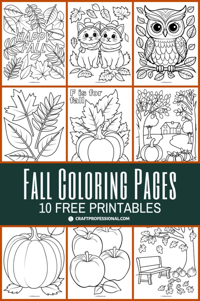 10 fall coloring pages. Free printables for kids and adults.