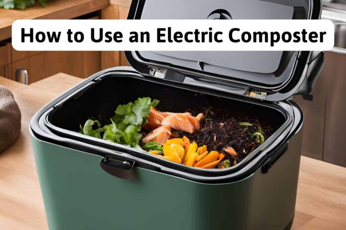 green electric composter with food scraps in it with the title "how to use an electric composter"