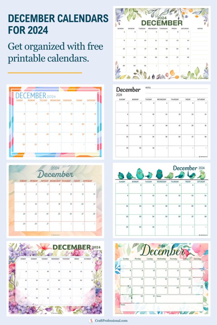 Collage of printable calendars for December 2024.