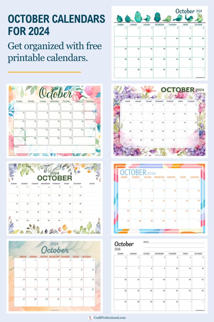 Collage of printable calendars for October 2024.