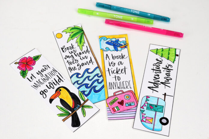 Image contains four colored summer bookmarks on a white background with three TwinTone markers sitting nearby.