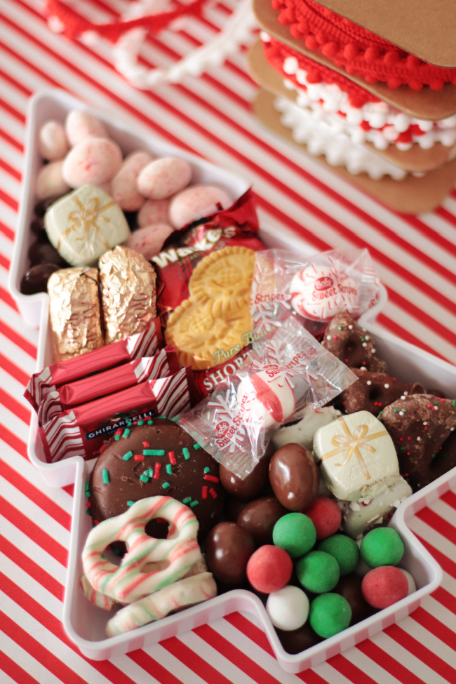 white tree platter filled with candy