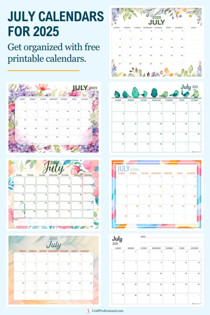 Collage of printable calendars for July 2025.