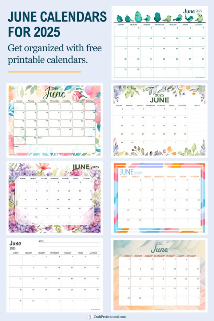 Collage of printable calendars for June 2025.