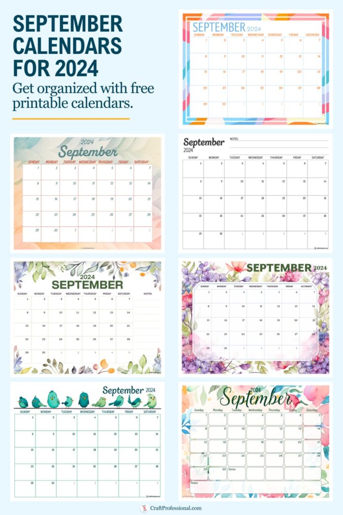 Collage of printable calendars for September 2024.